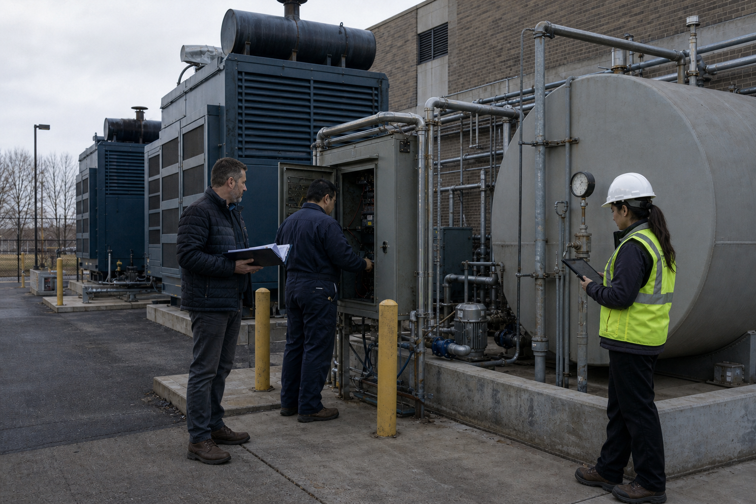 Technicians inspecting a critical facility fuel system